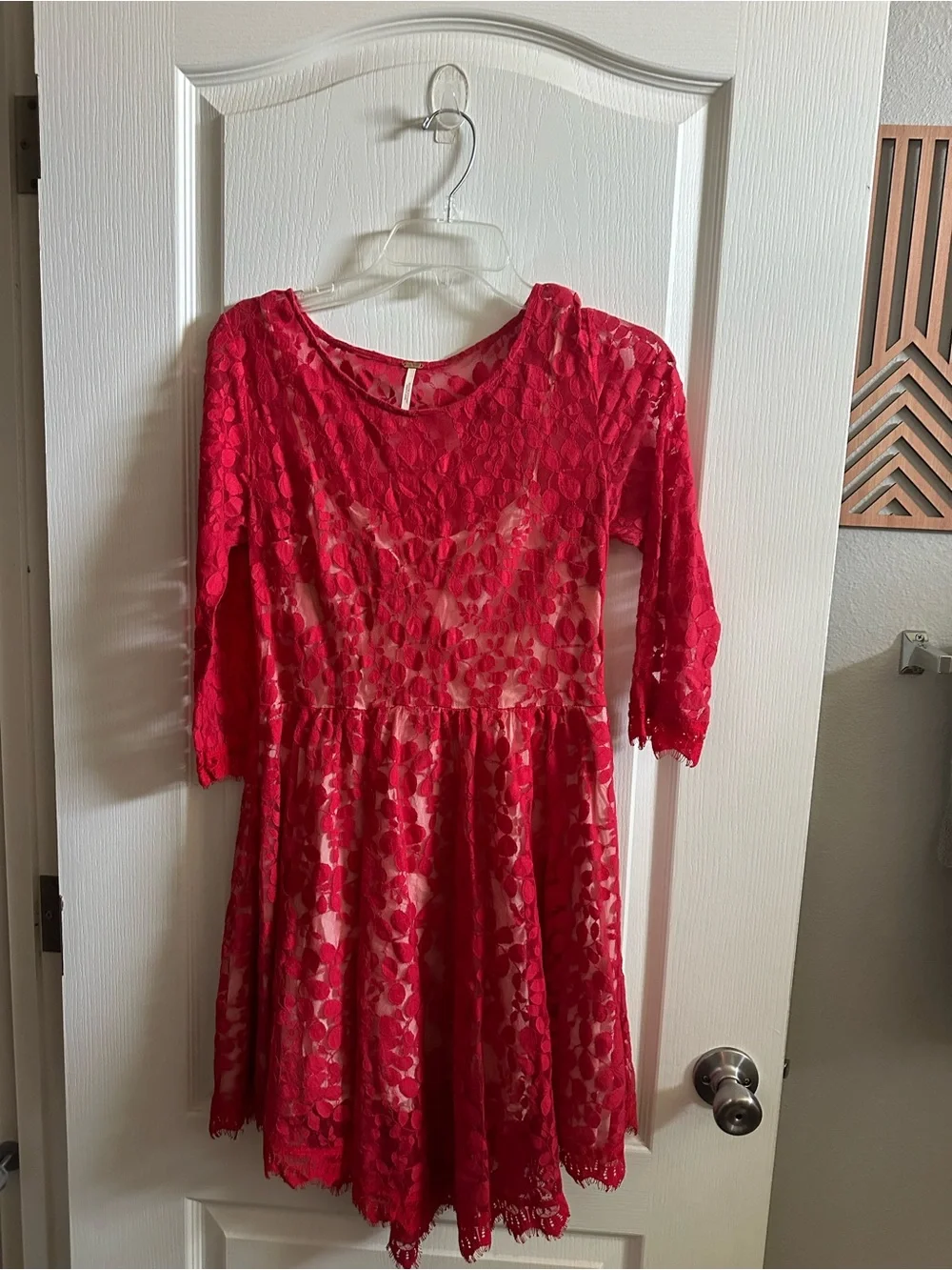 Free People Red Lace Dress with Floral Overlay